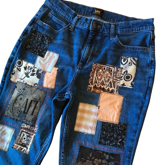 Upcycled Boho Patchwork Jeans, Women's Size 10: Coffee-Inspired Hippie Pants - Picture 9 of 15
